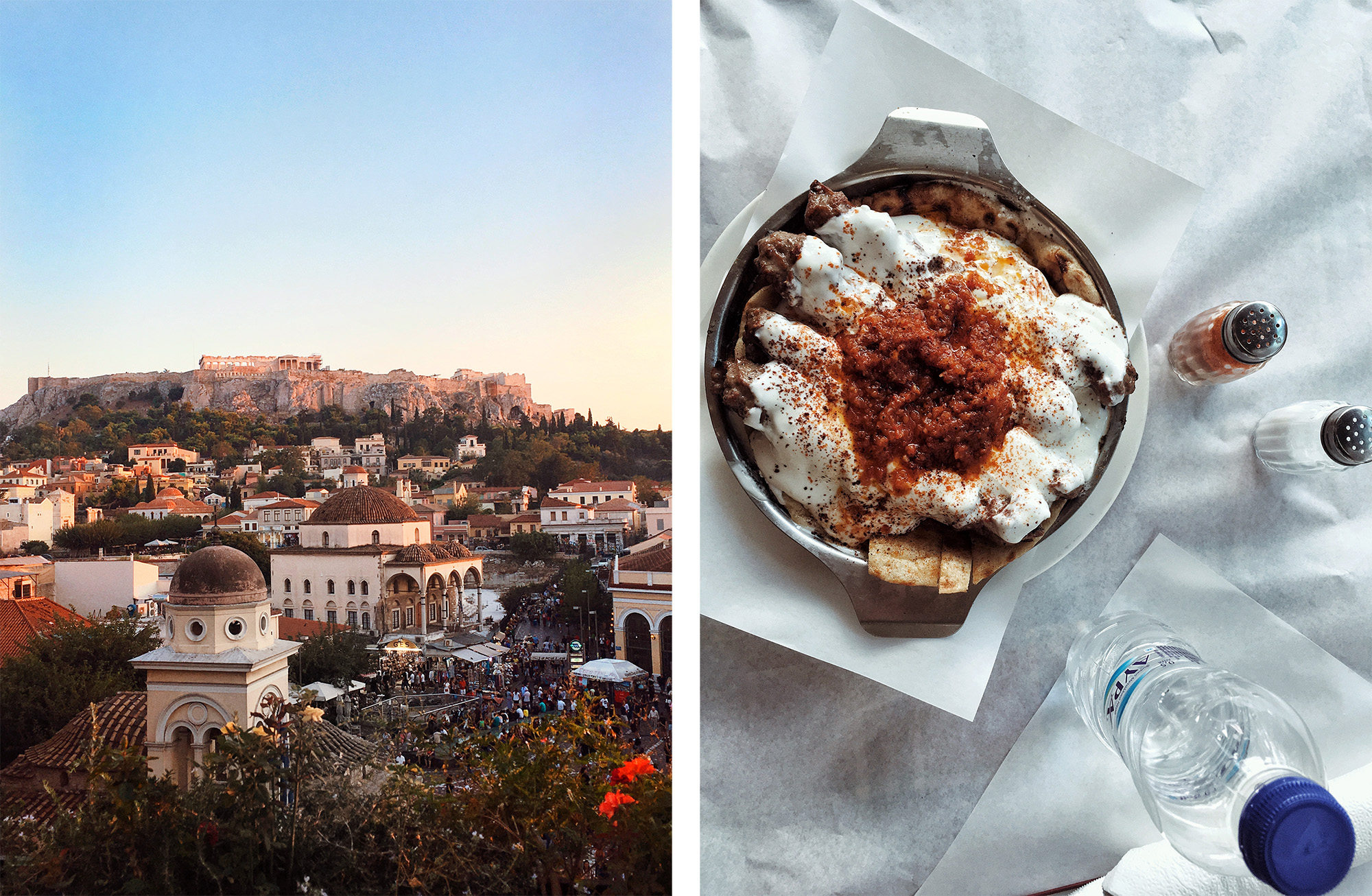 View of the Parthenon and Garlic yogurt kebab from O Thanasis