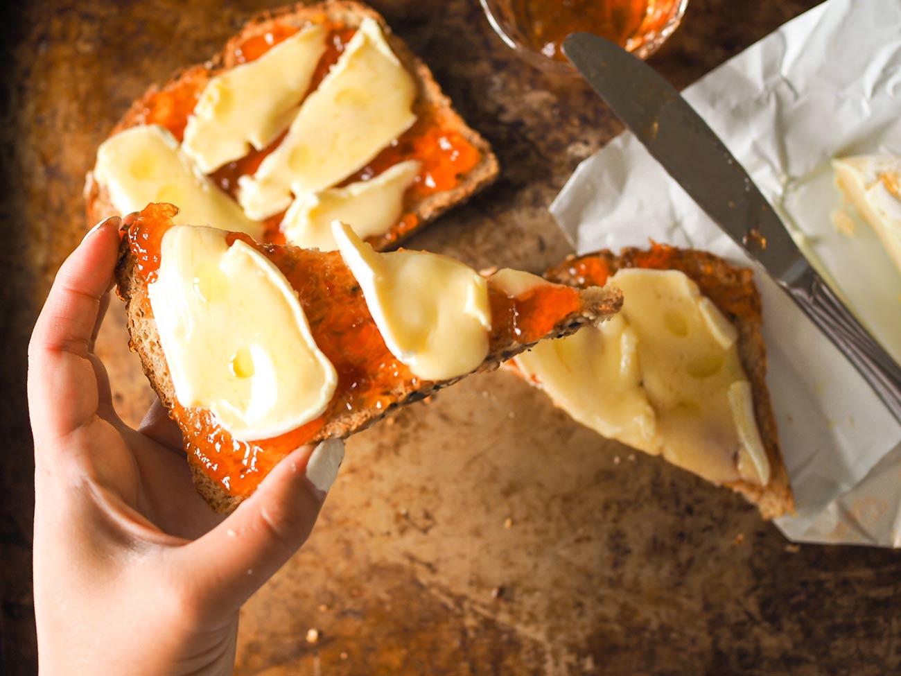 brie and red pepper jelly with truffle oil